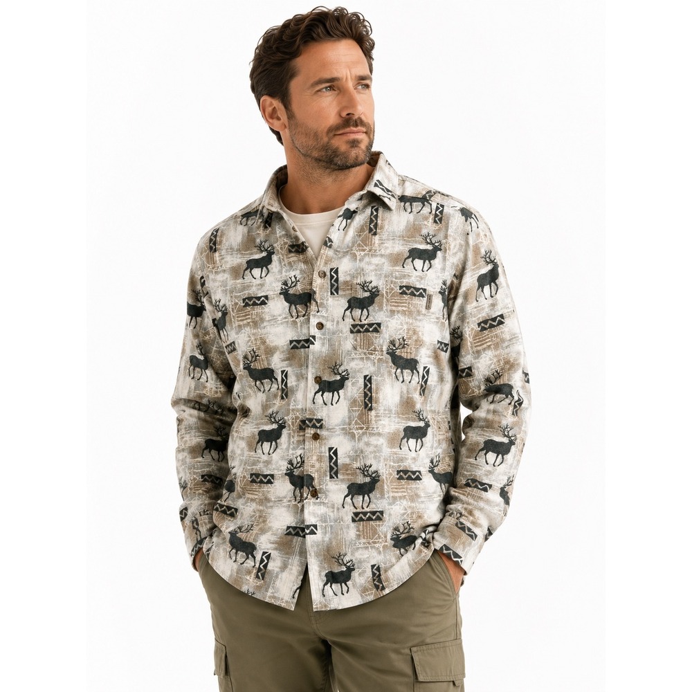 Woolrich Elk Deer Print Flannel Shirt Long Sleeve Men's L Outdoor Hunting Cabin